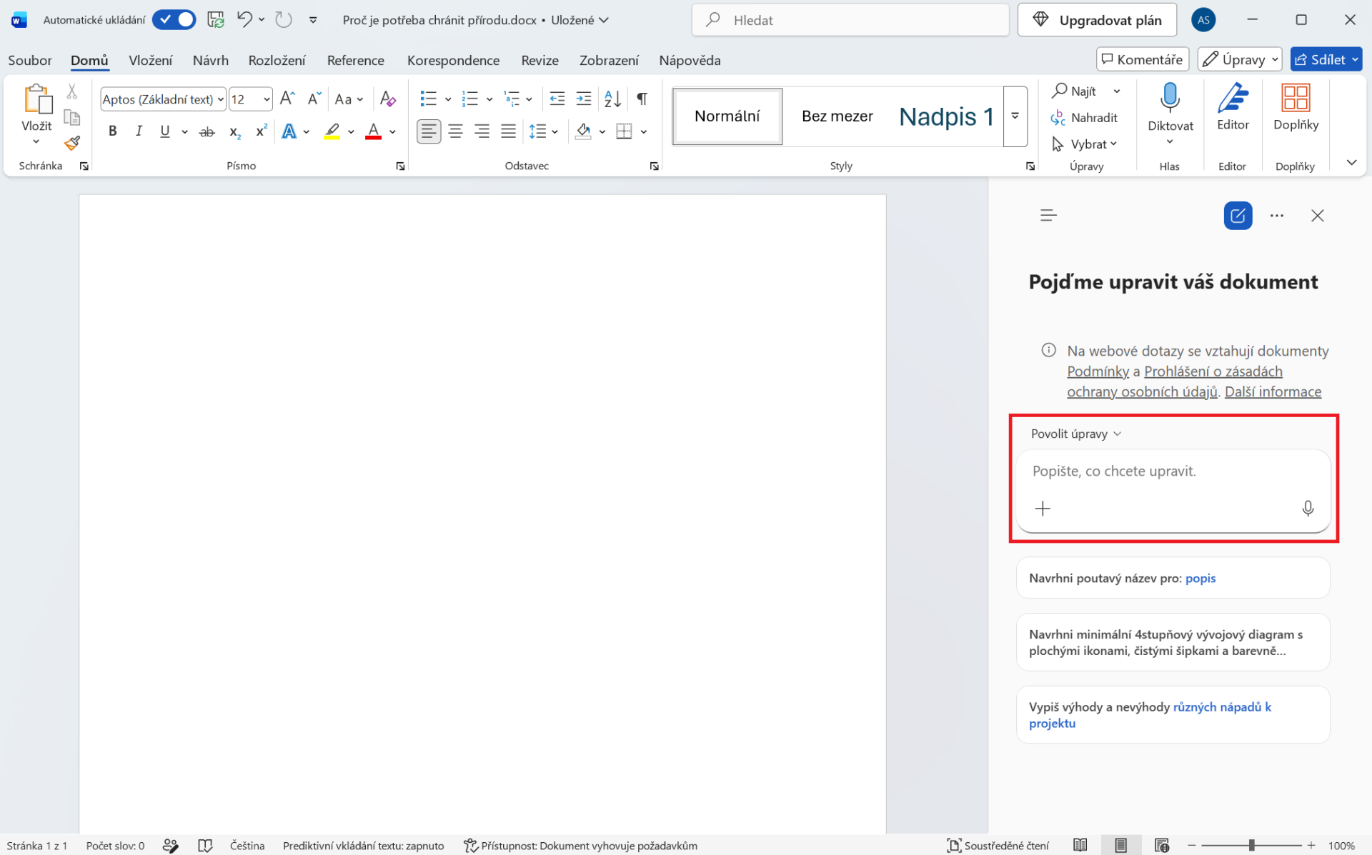 Otevřené podokno Copilotu v Microsoft Wordu - Základy Microsoft Word