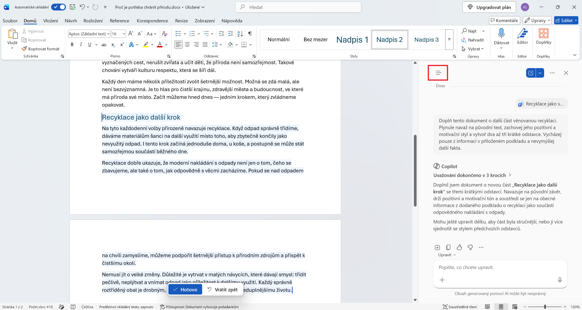 Otevření historie chatů v Copilotu - Základy Microsoft Word