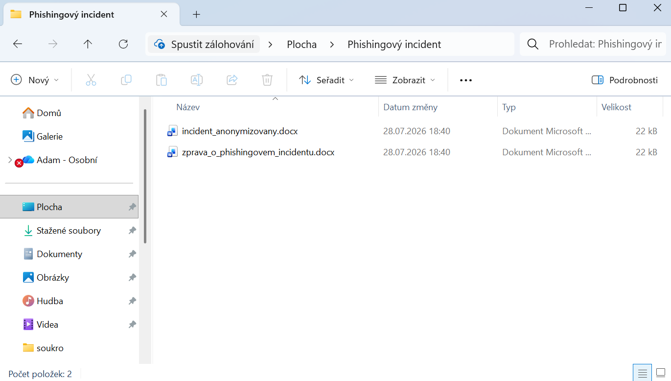 Původní zpráva o phishingovém incidentu a její pracovní kopie - Základy Microsoft Word