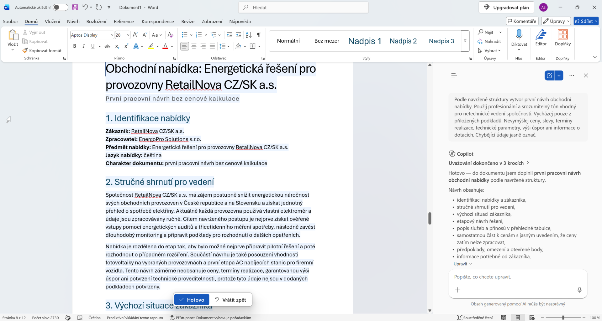 První návrh obchodní nabídky vytvořený Copilotem ve Wordu - Základy Microsoft Word