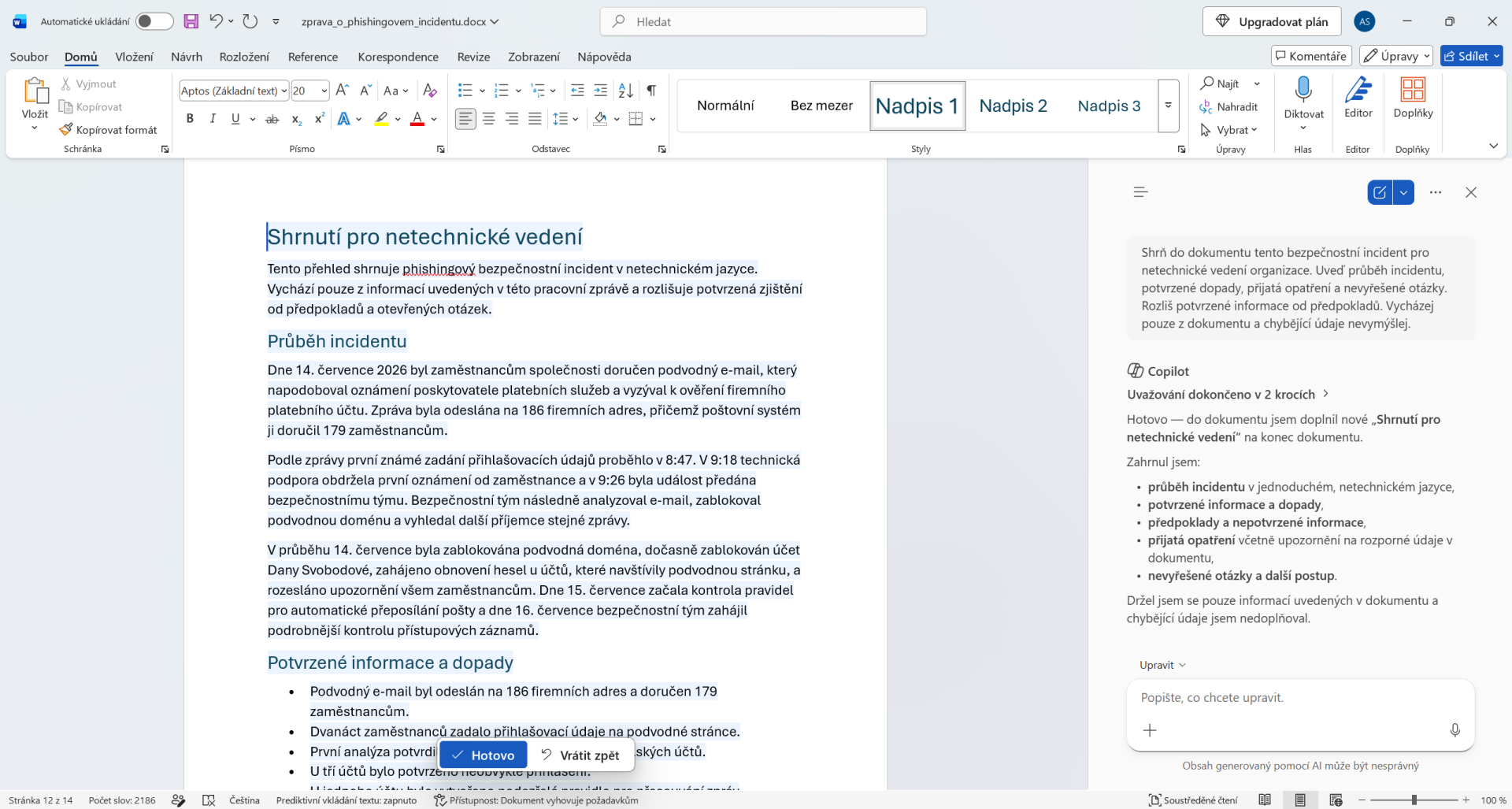 Shrnutí phishingového incidentu vytvořené Copilotem - Základy Microsoft Word