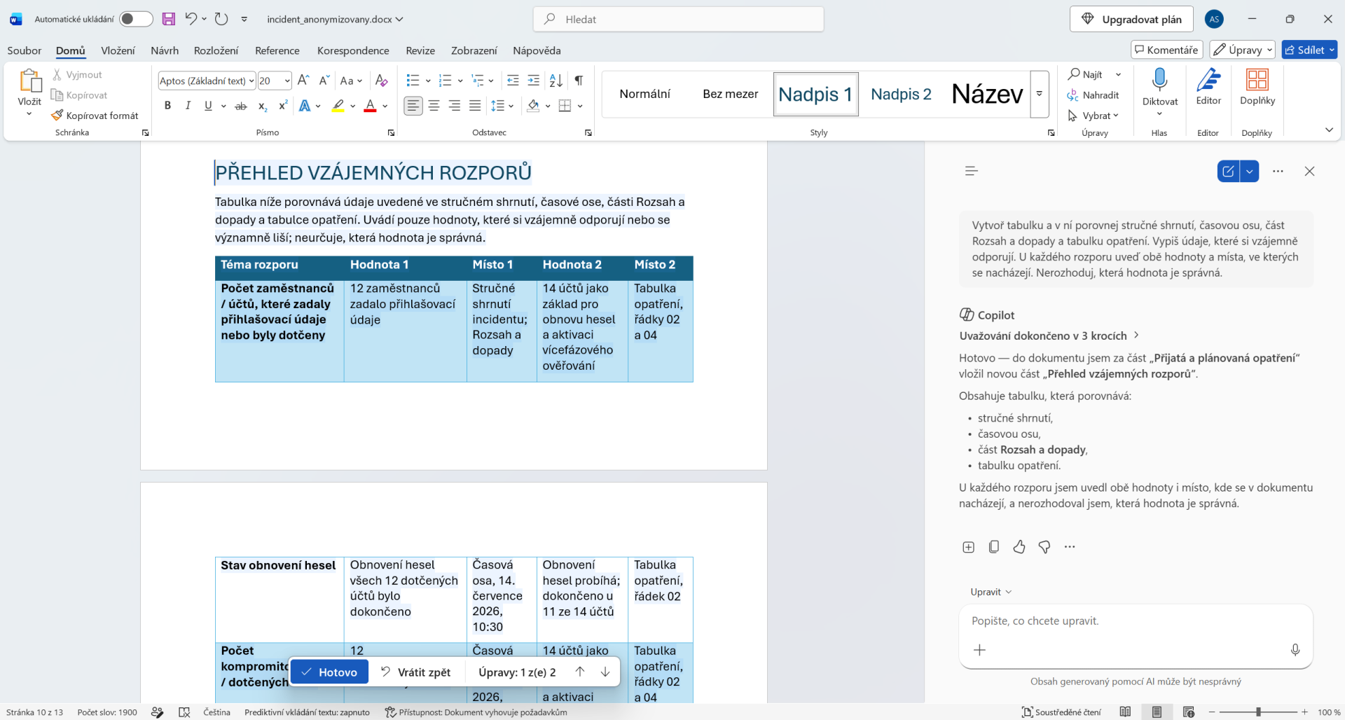 Rozpory ve zprávě o phishingovém incidentu nalezené Copilotem - Základy Microsoft Word