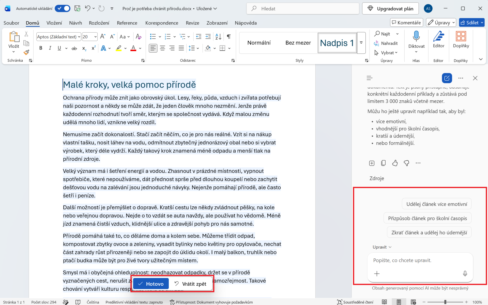 Úprava promptu a možnost vrácení změn - Základy Microsoft Word
