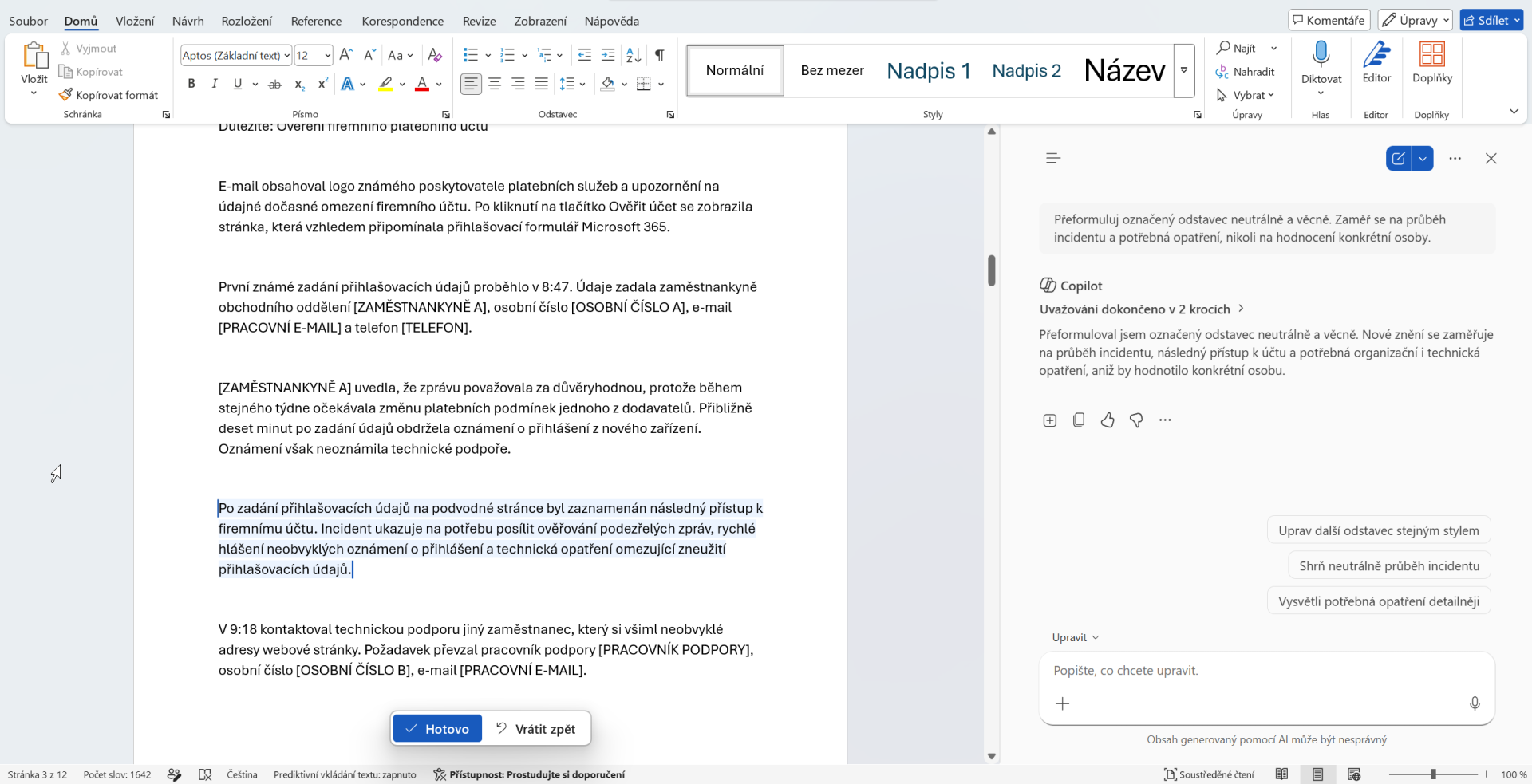 Úprava odborného a obviňujícího textu pomocí Copilotu - Základy Microsoft Word