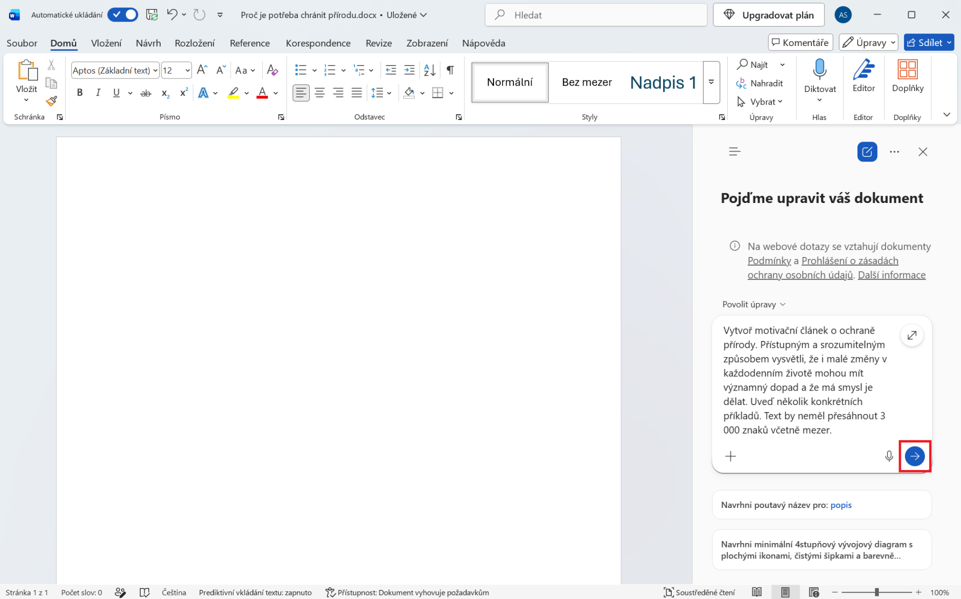 Odeslání prvního promptu - Základy Microsoft Word