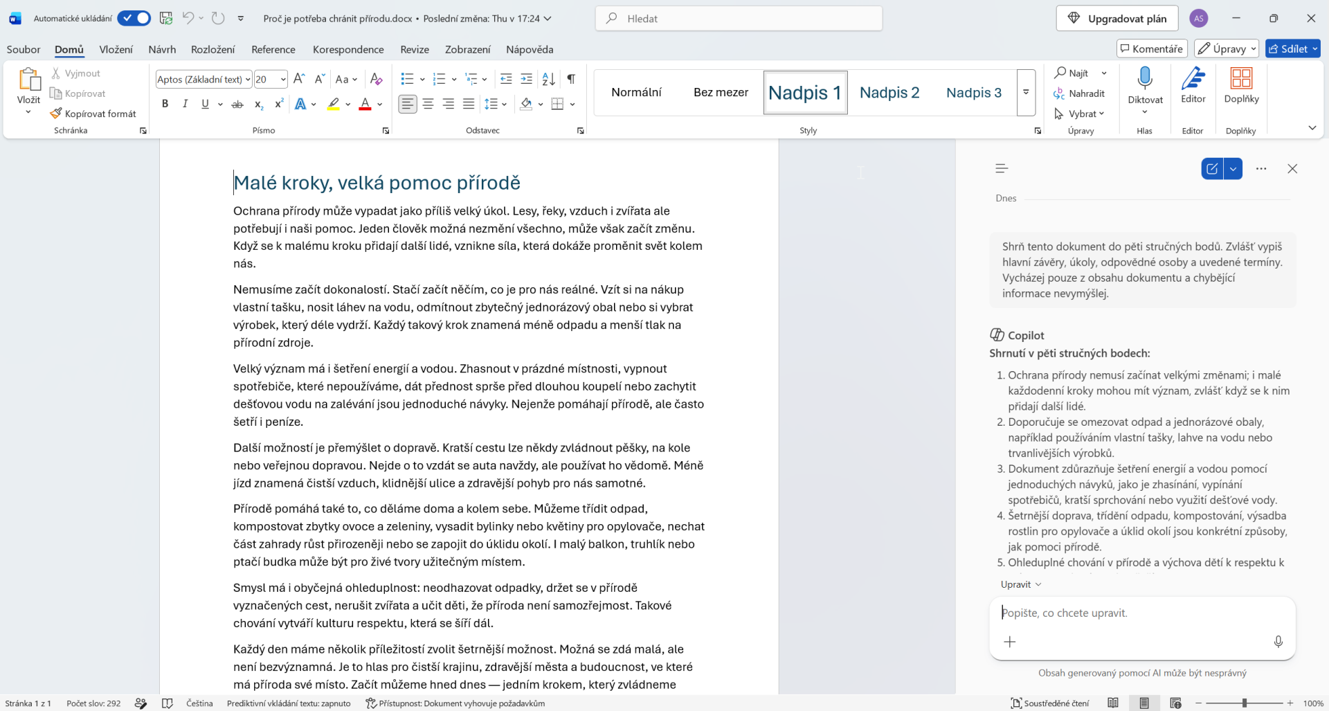 Prompt pro shrnutí dokumentu - Základy Microsoft Word