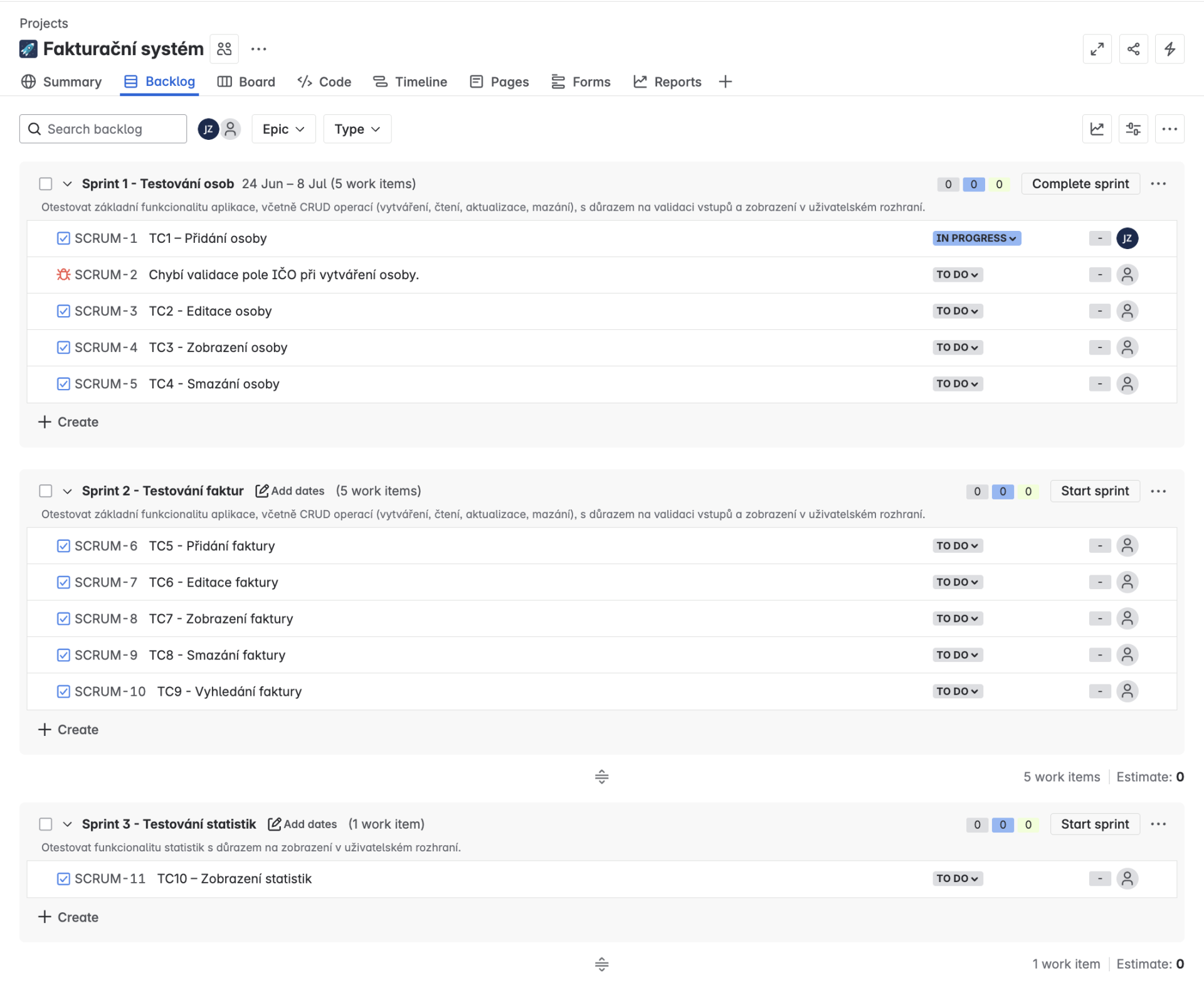 Rozdělení testovacích případů do sprintů. - Praktické testování projektů - Automatizované testování