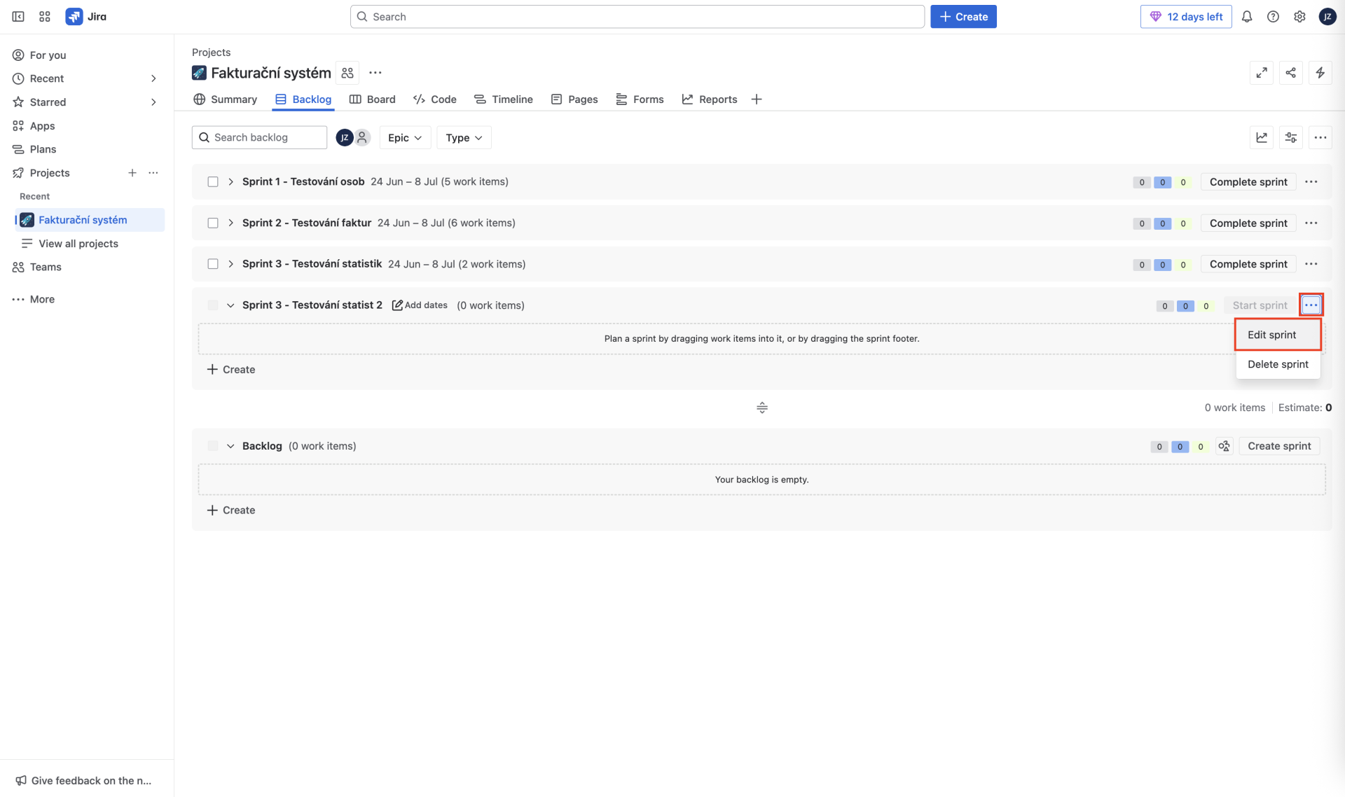 Editace sprintu - Praktické testování projektů - Automatizované testování
