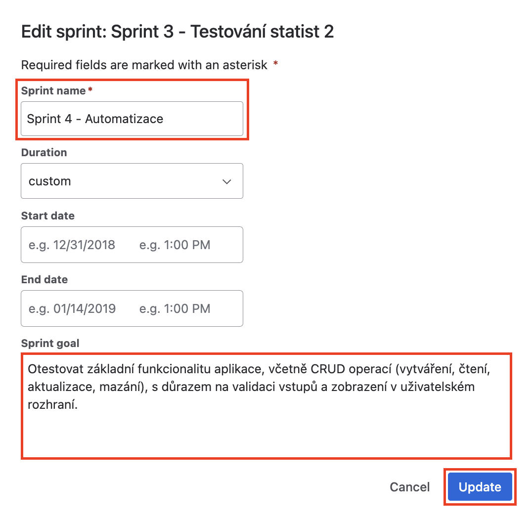 Úprava sprintu v Jiře - Praktické testování projektů - Automatizované testování
