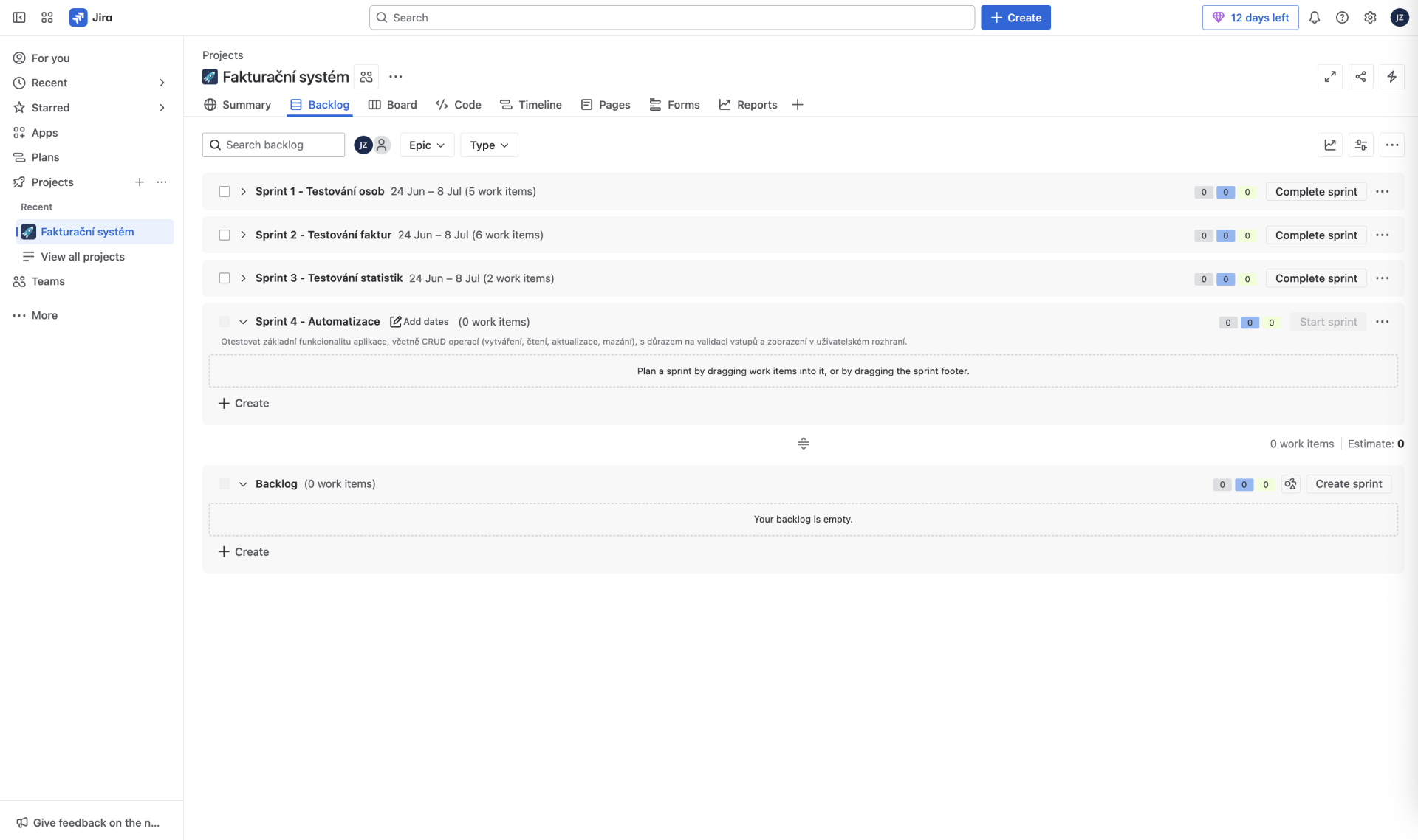 Připravené sprinty v backlogu - Praktické testování projektů - Automatizované testování