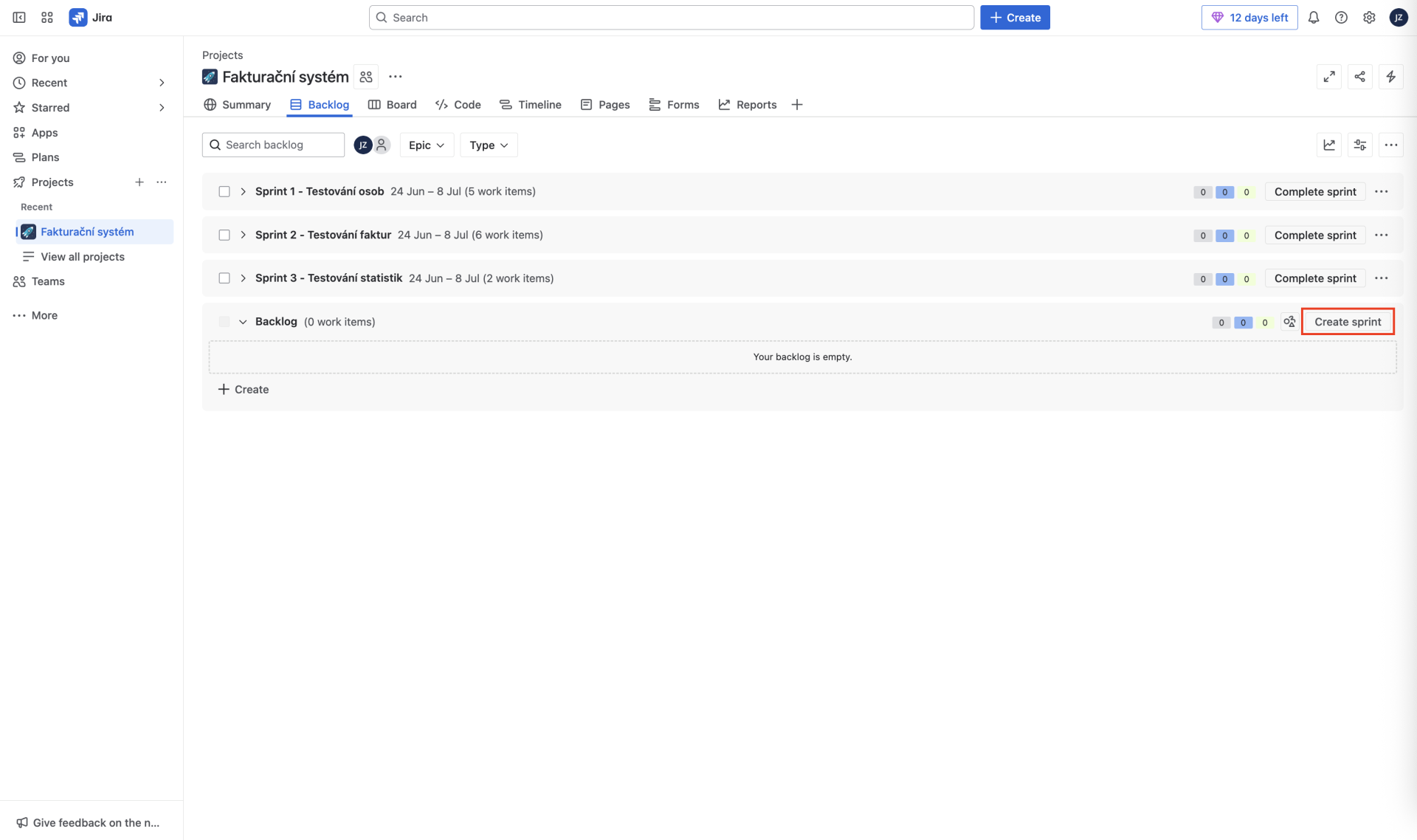Vytvoření nového sprintu - Praktické testování projektů - Automatizované testování