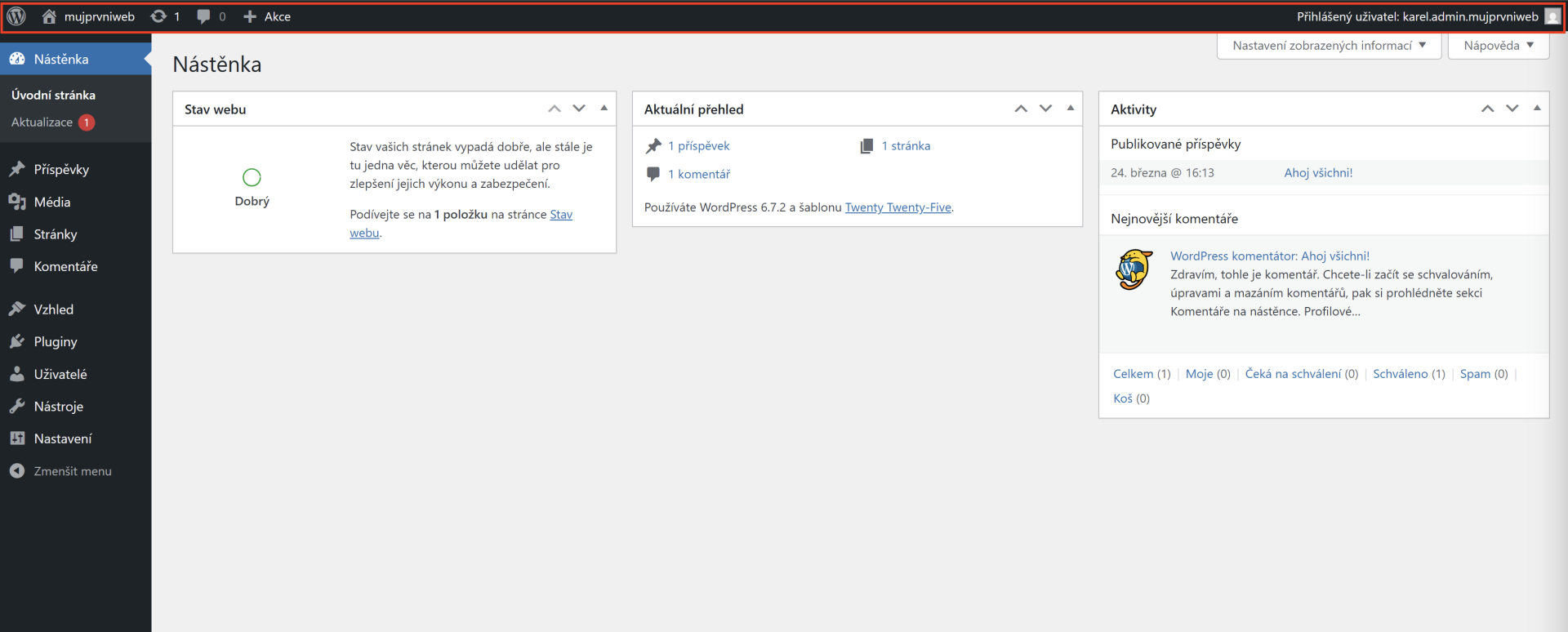 Administrační lišta - WordPress - Základy