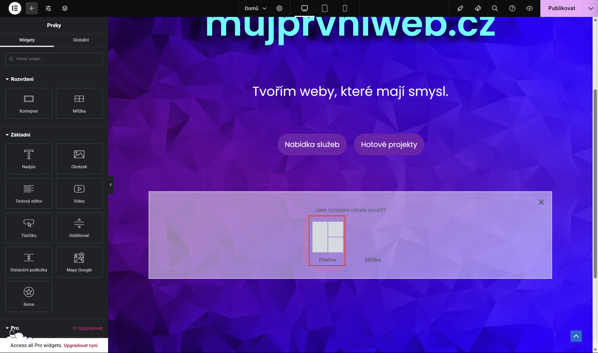 Výběr rozložení kontejneru. - WordPress - Základy