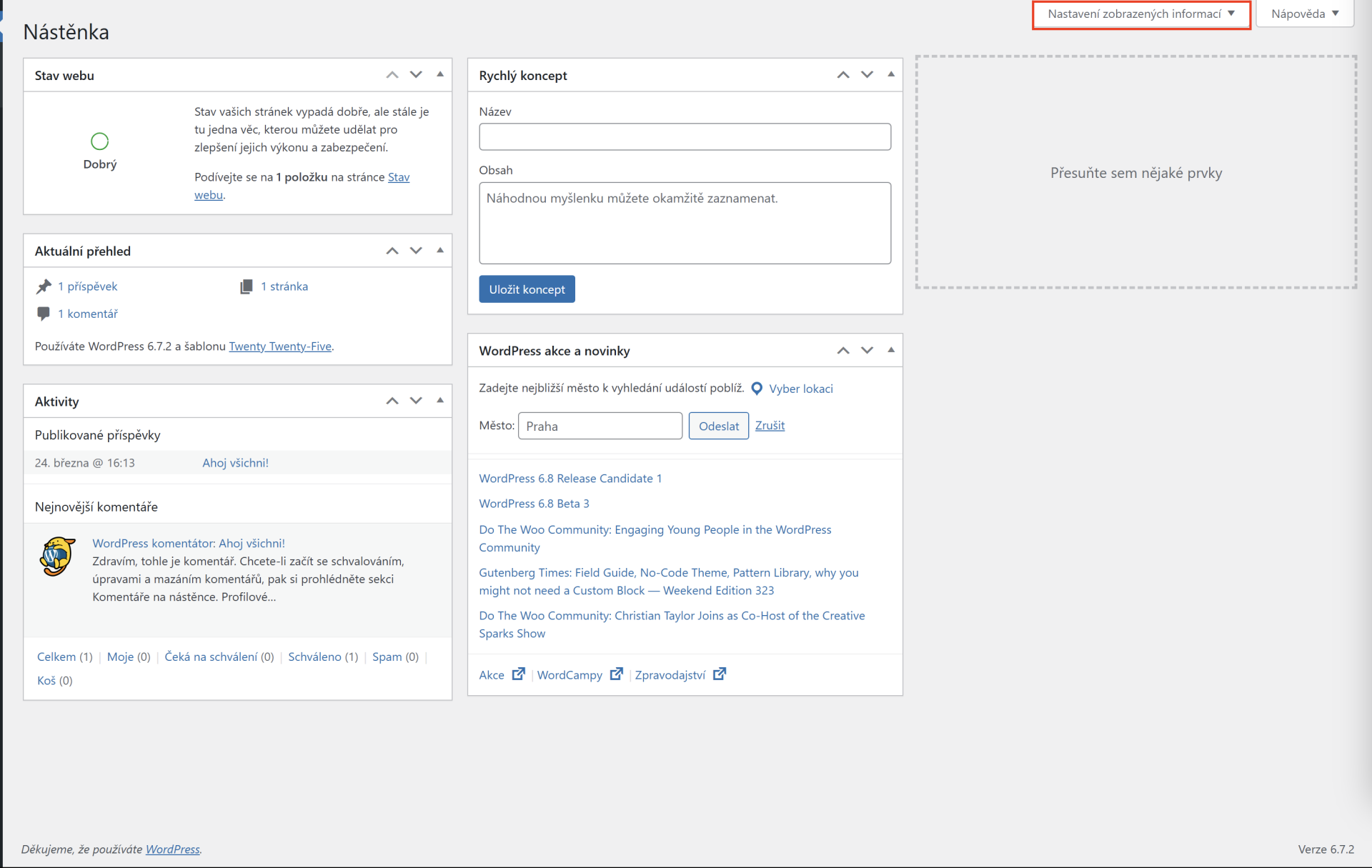 Nastavení zobrazených informací na nástěnce - WordPress - Základy