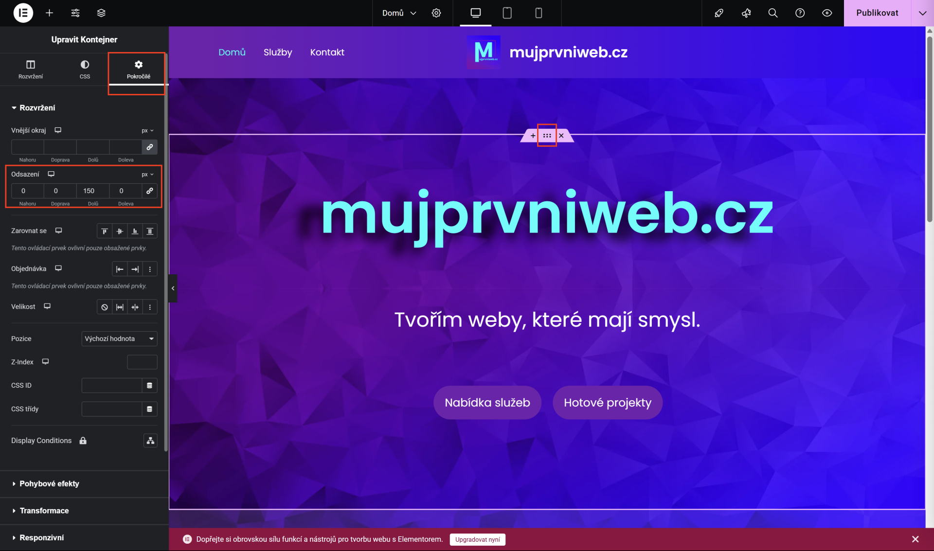 Nastavení odsazení první sekce. - WordPress - Základy