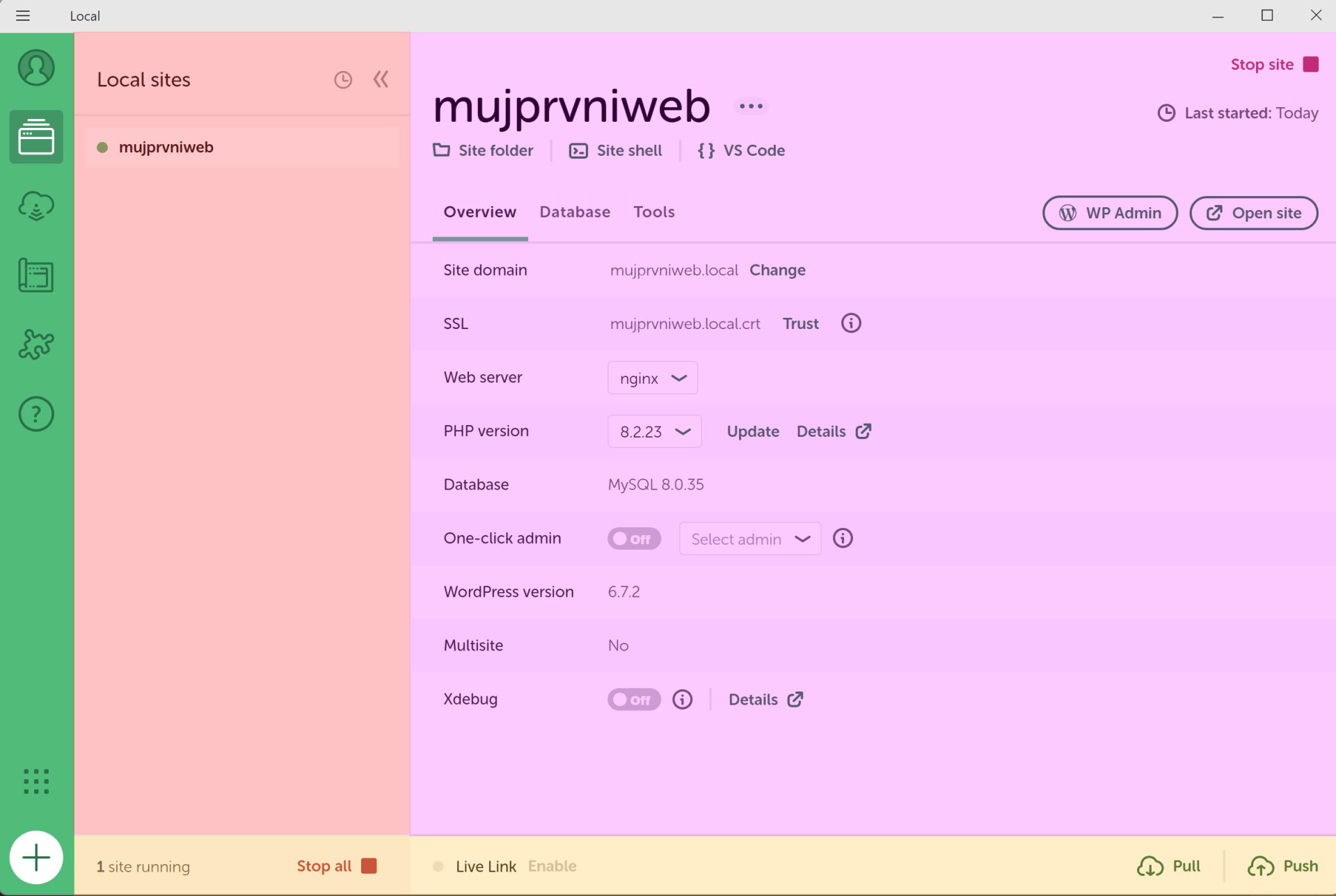 Přehled stránky v LocalWP - WordPress - Základy