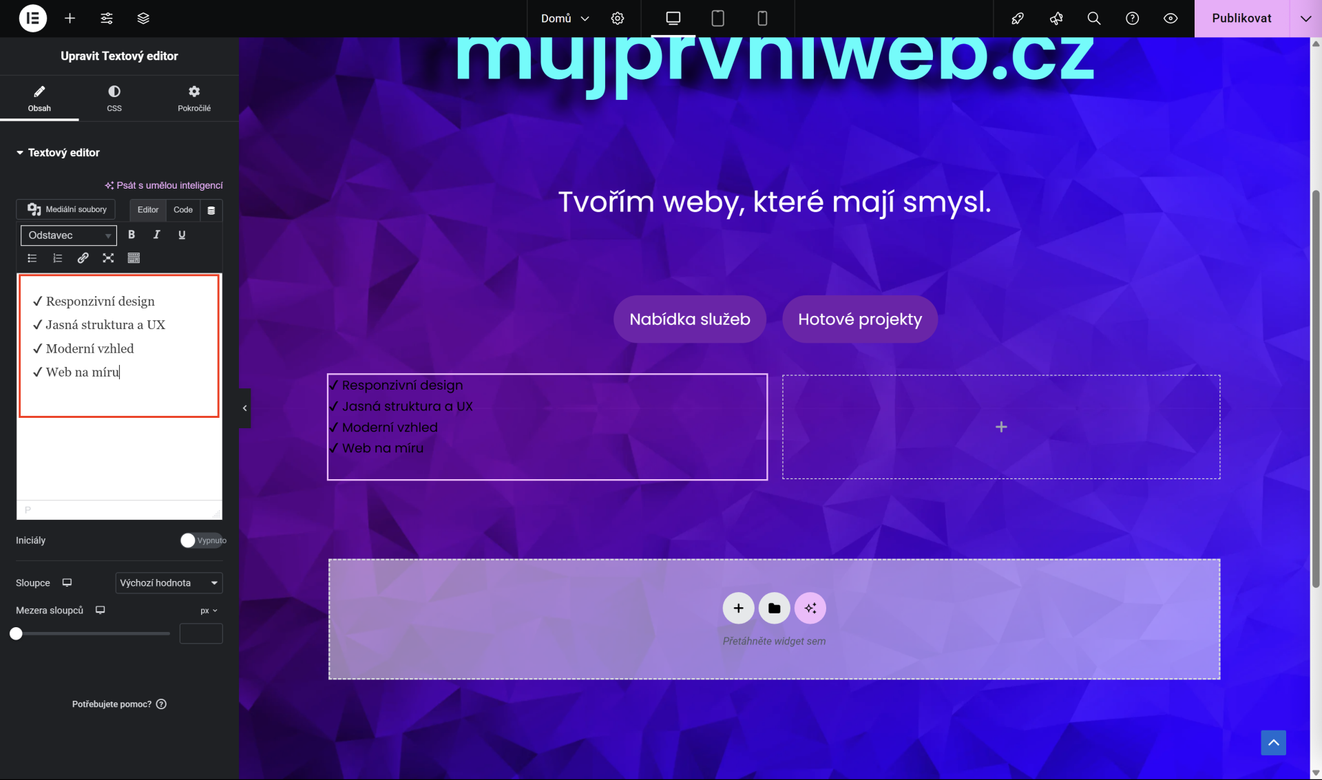 Přidání textu do textového editoru. - WordPress - Základy
