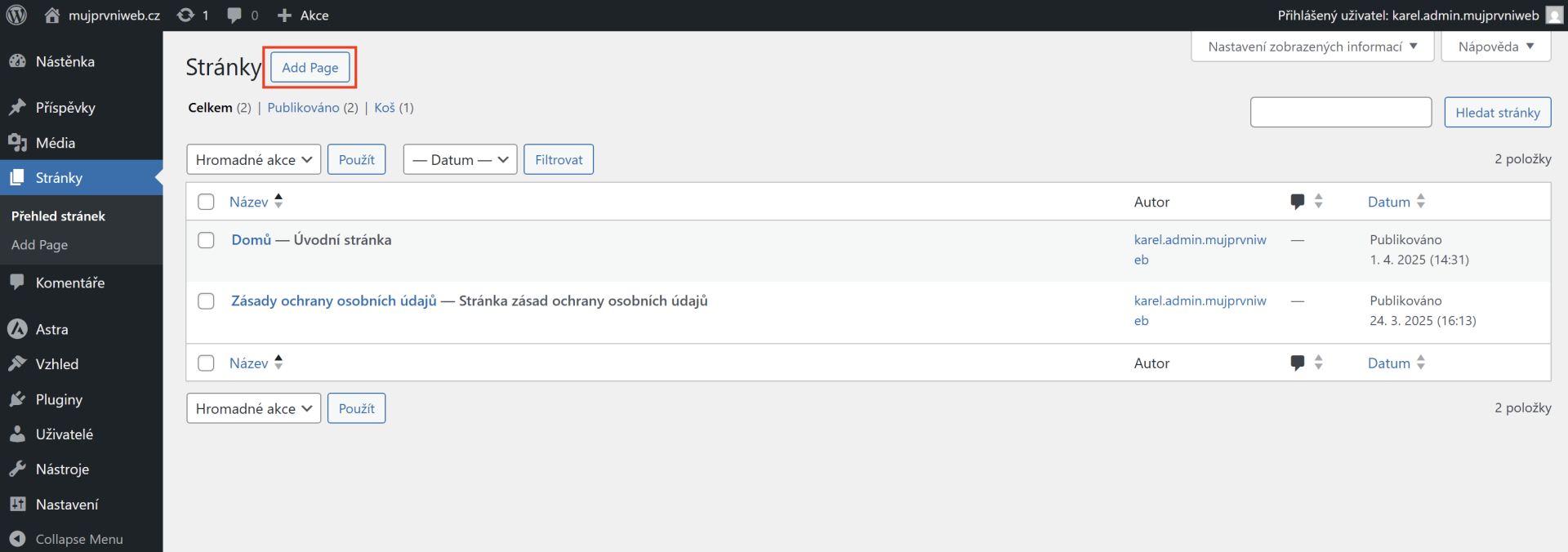 Tlačítko pro přidání nové stránky - WordPress - Základy