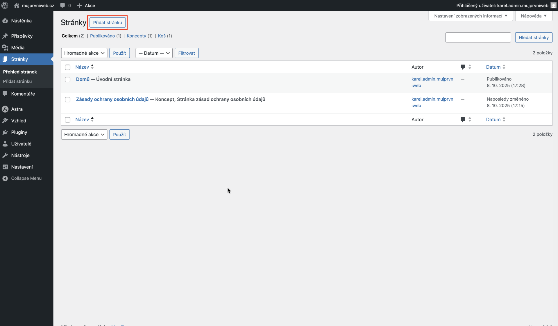 Tlačítko pro přidání nové stránky - WordPress - Základy