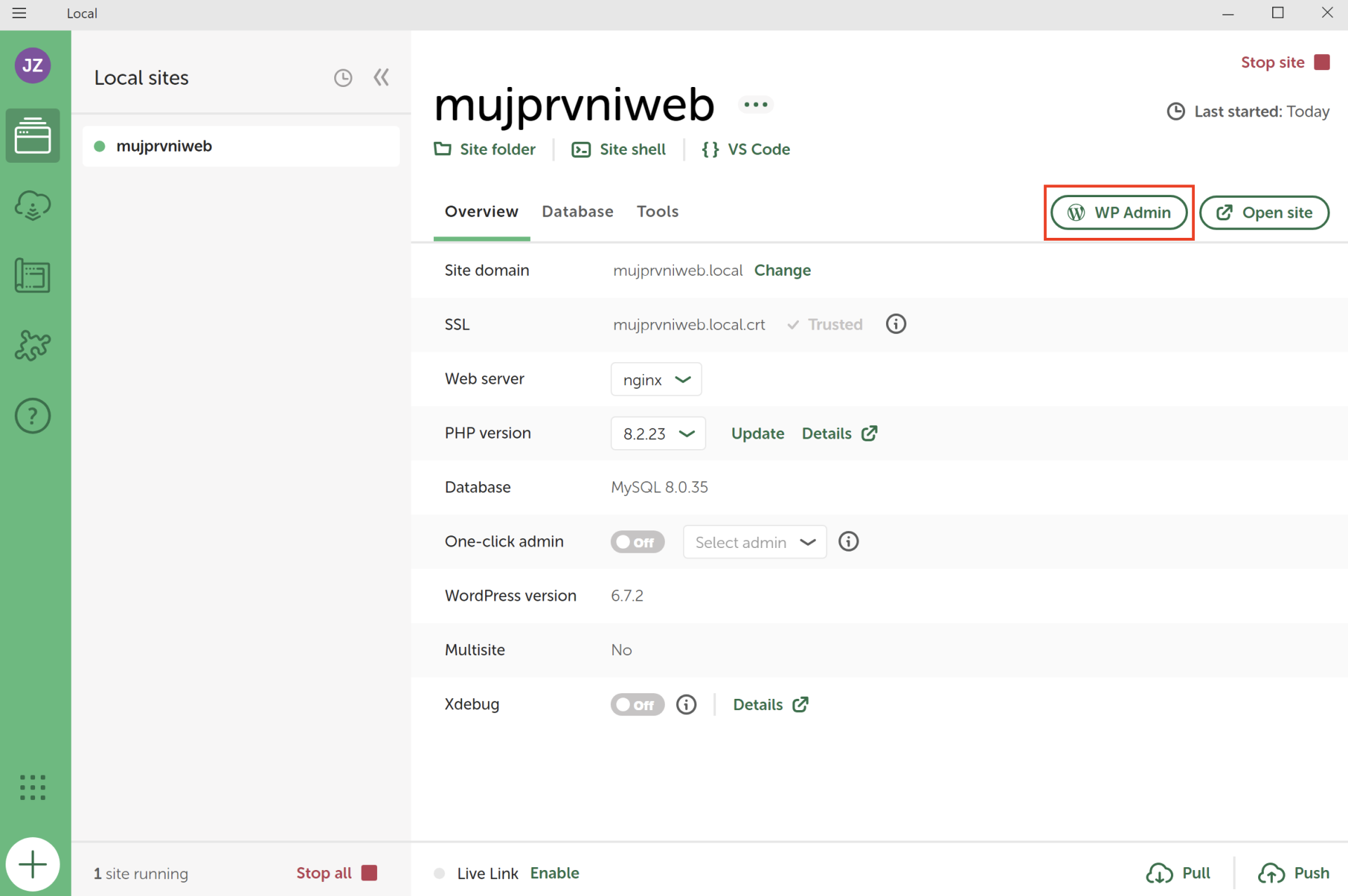 Hlavní stránka, tlačítko WP Admin - WordPress - Základy