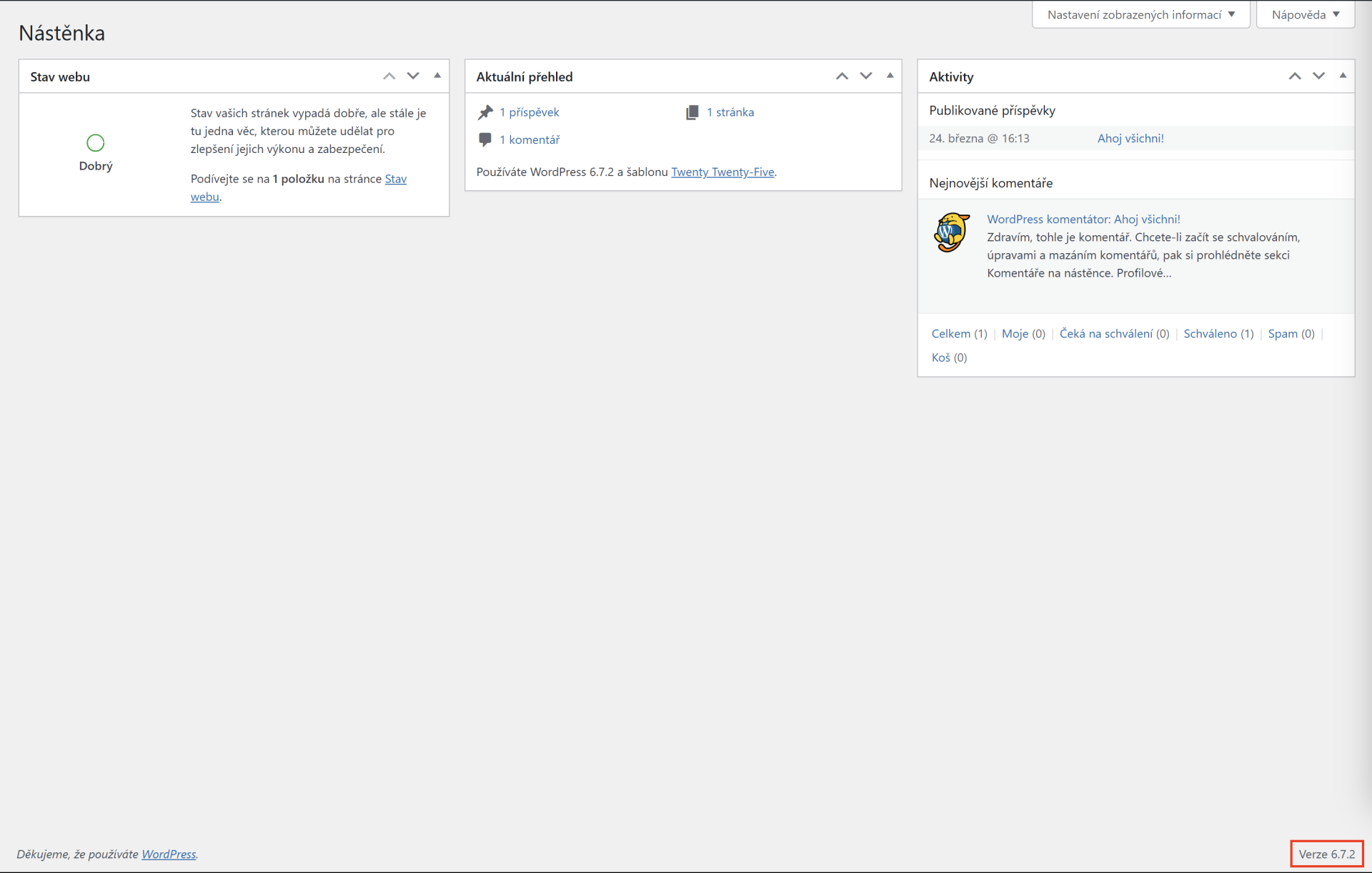 Uspořádání widgetů na nástěnce - WordPress - Základy