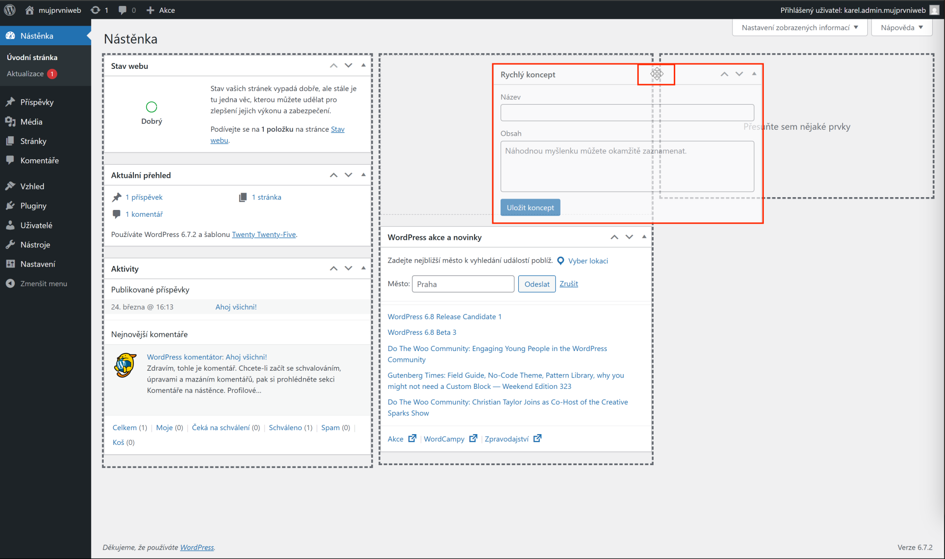 Přesouvání widgetů na nástěnce - WordPress - Základy