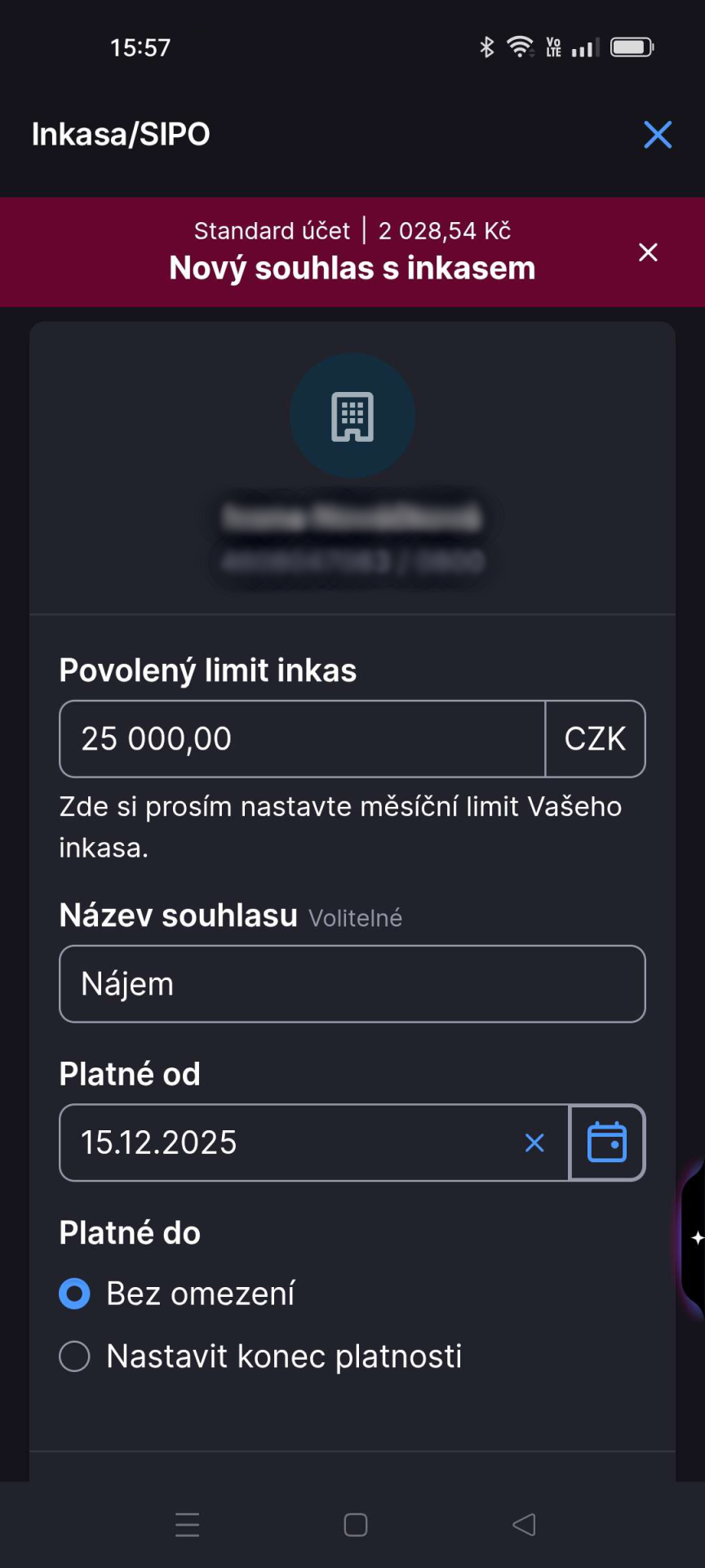 Založení nového souhlasu s inkasem - E-government a internetové bankovnictví