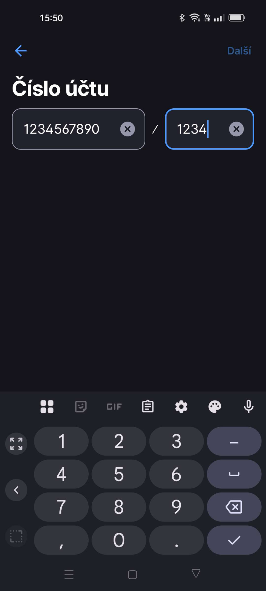 Zadání čísla účtu v mobilní aplikaci George - E-government a internetové bankovnictví