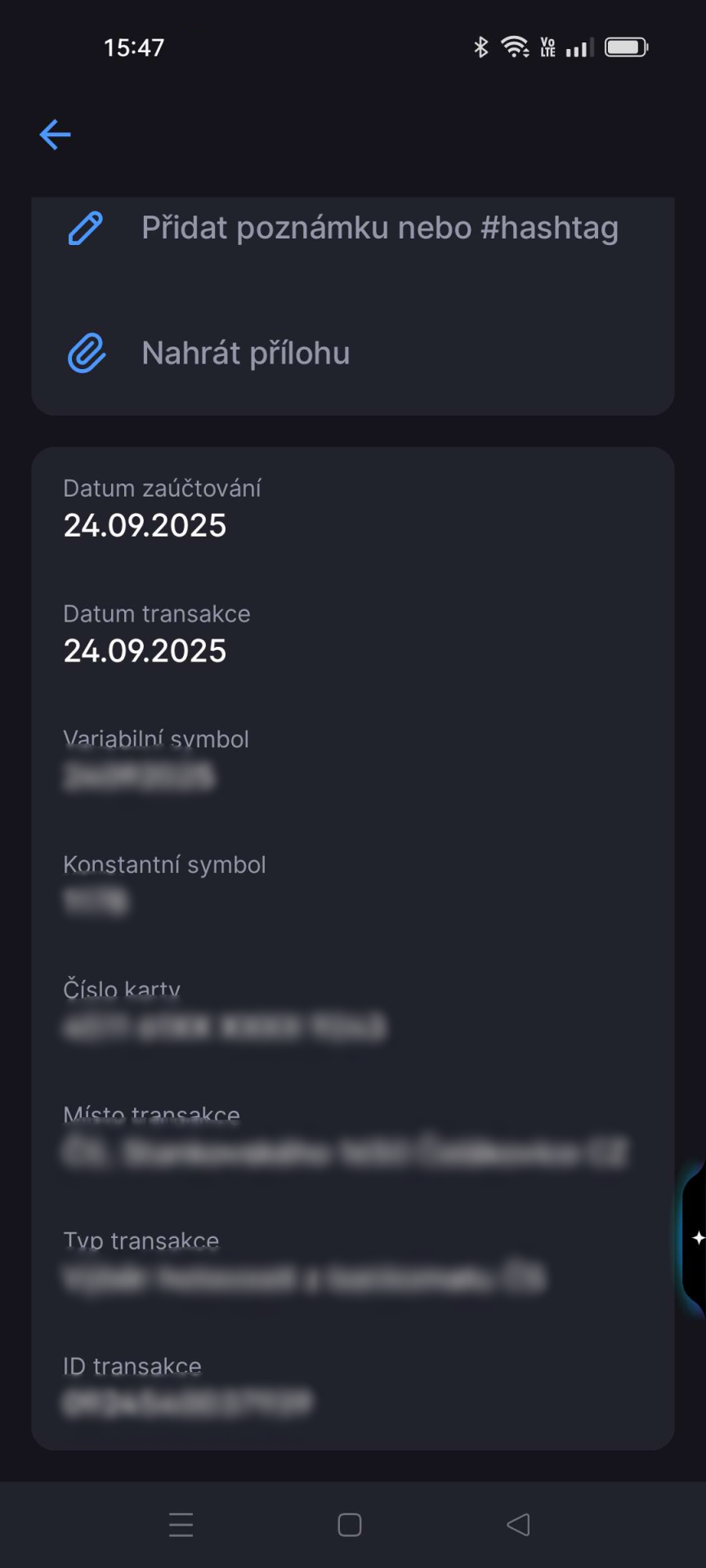 Detail transakce v mobilní aplikaci George - E-government a internetové bankovnictví