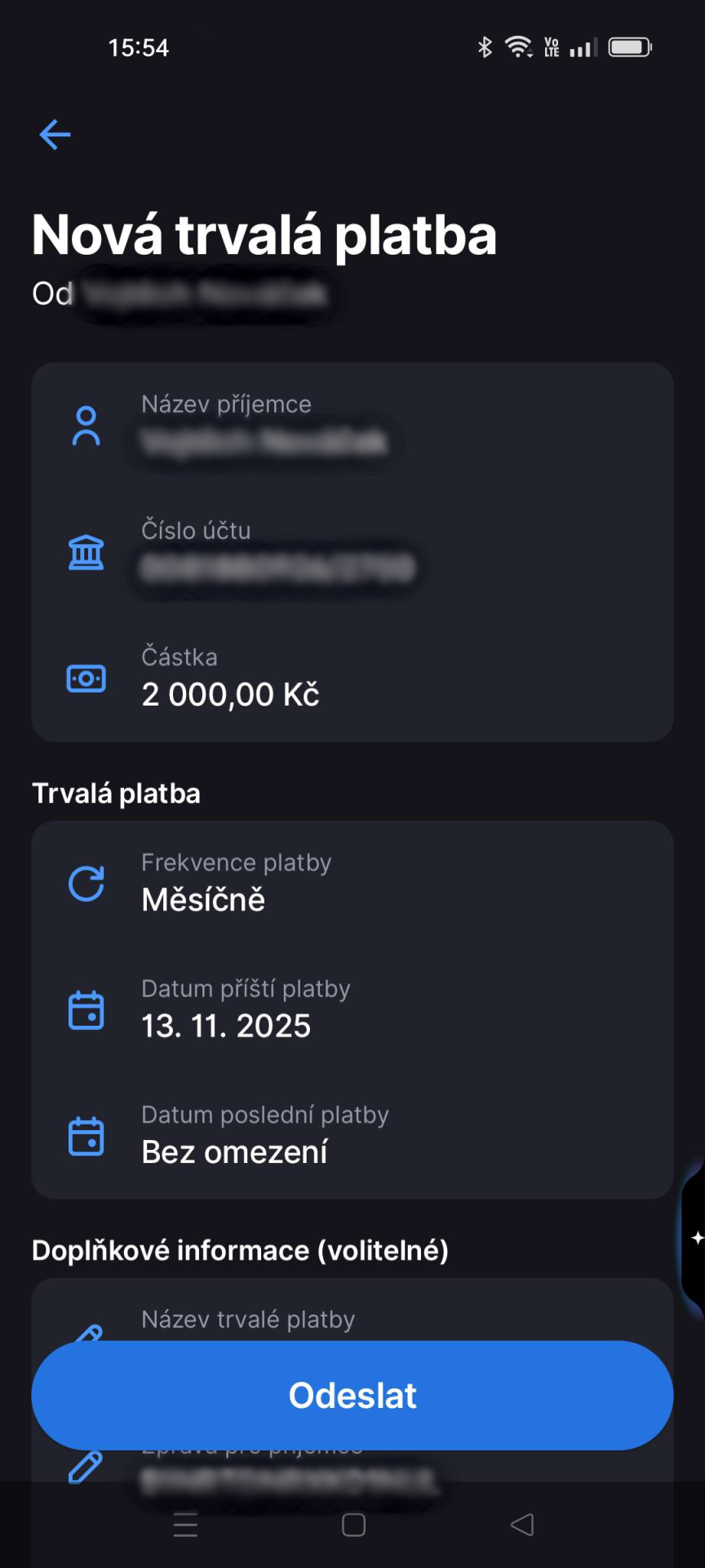Nastavení nové trvalé platby - E-government a internetové bankovnictví