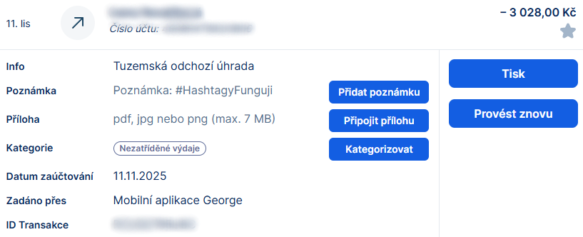 Detail zobrazení transakce v George - E-government a internetové bankovnictví