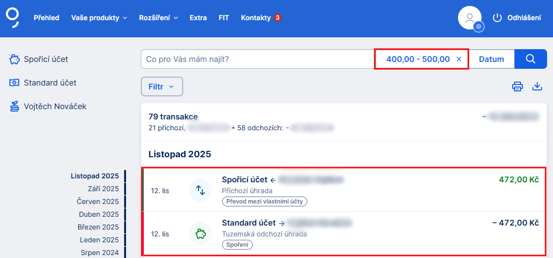 Možnosti filtrování transakcí - E-government a internetové bankovnictví