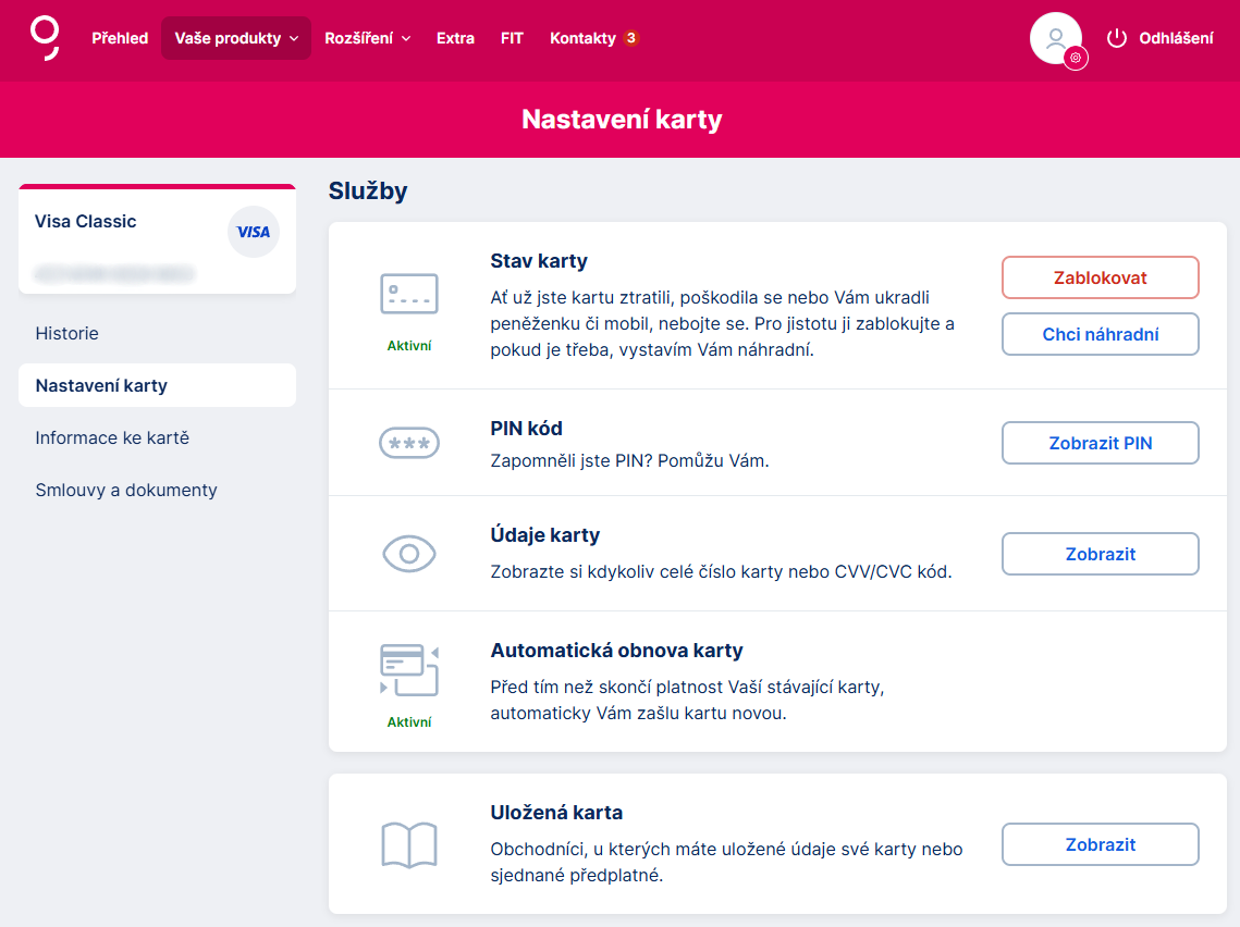 Nabídka nastavení karty - E-government a internetové bankovnictví