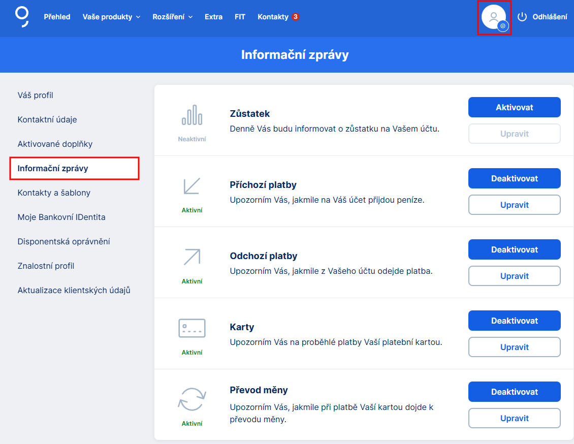 Nastavení upozornění na transakce - E-government a internetové bankovnictví