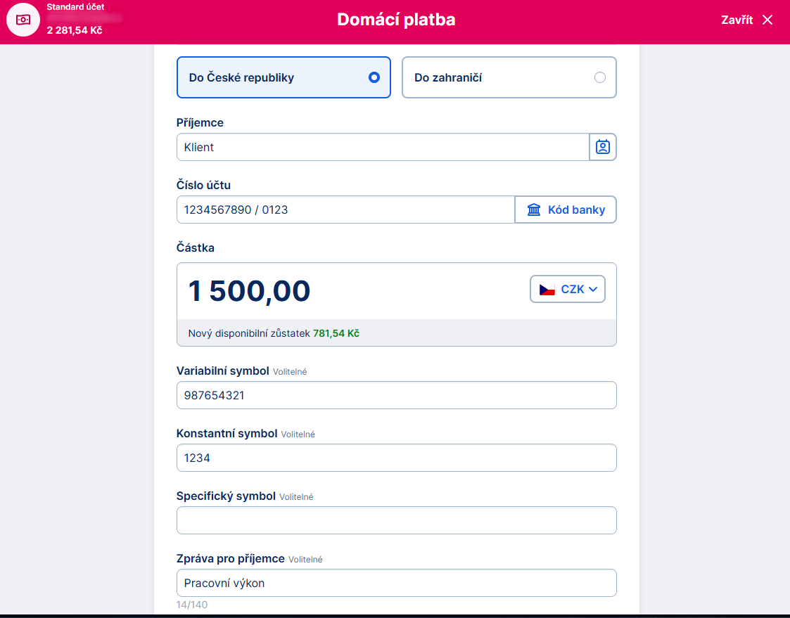 Formulář pro zadání nové platby - E-government a internetové bankovnictví