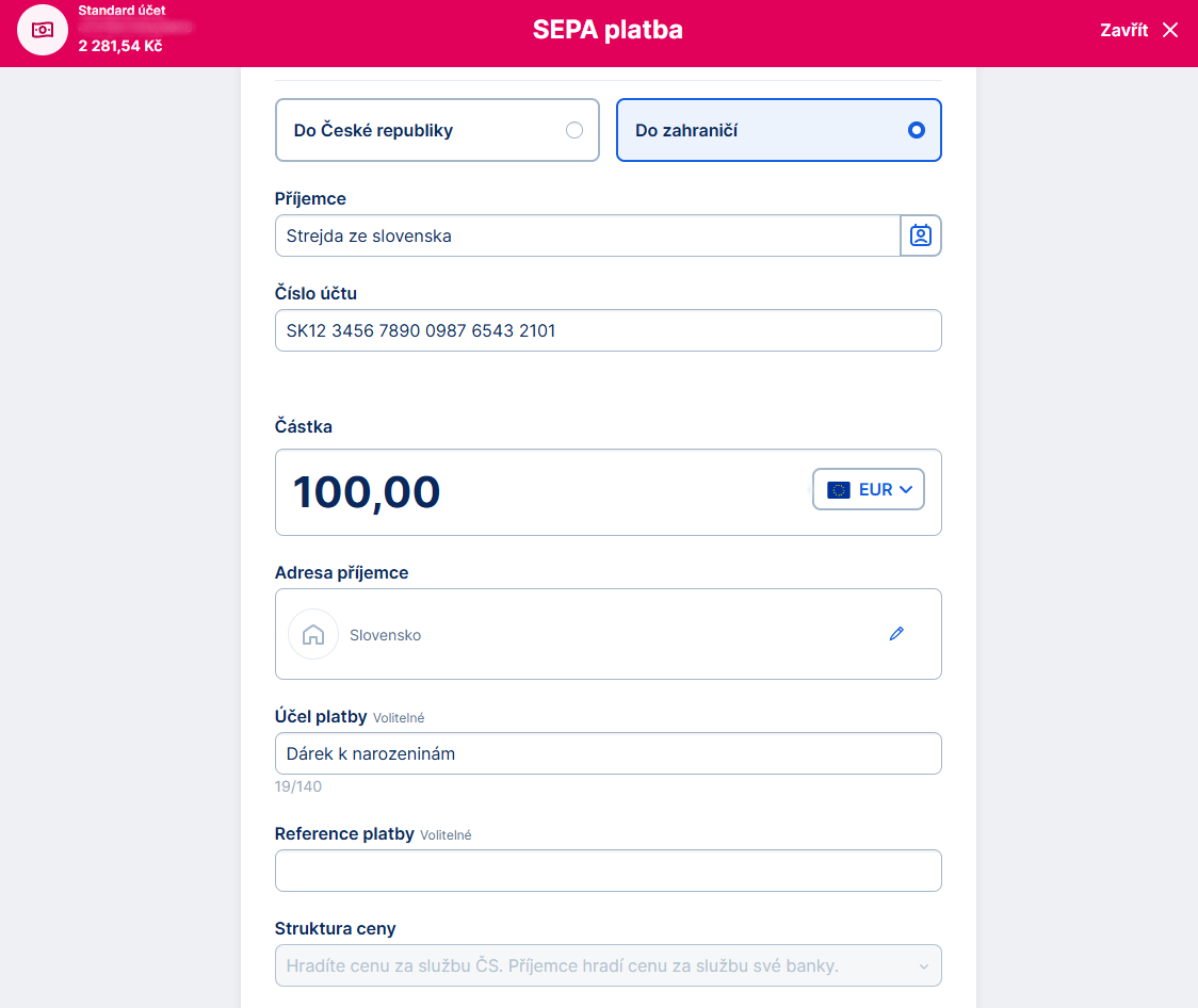 Formulář zahraniční platby - E-government a internetové bankovnictví