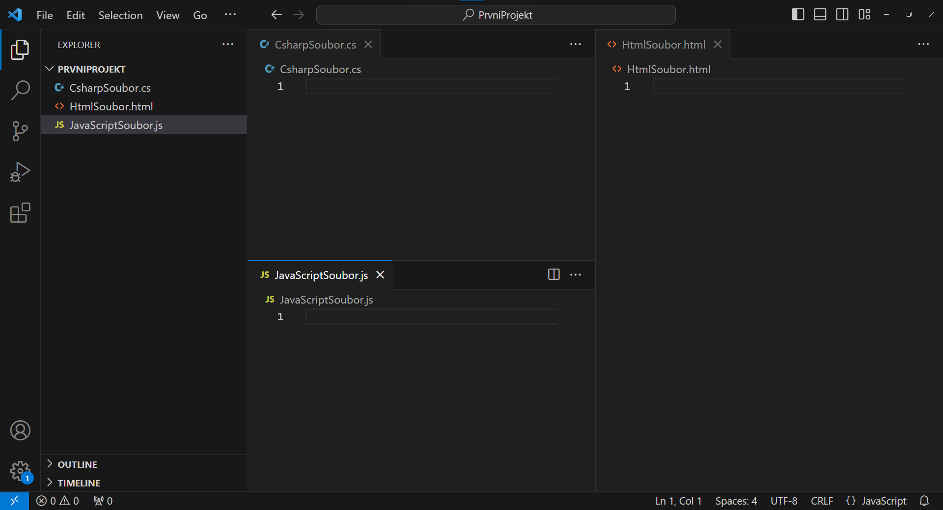 Rozdělení na tři obrazovky výsledek - Visual Studio Code