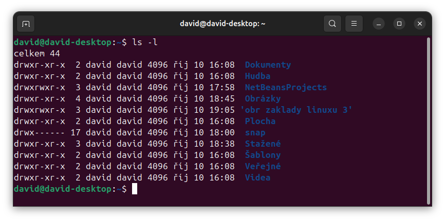 Terminál v Linuxu – ukázka výpisu příkazu ls -l v Bashi - Linux a UNIX