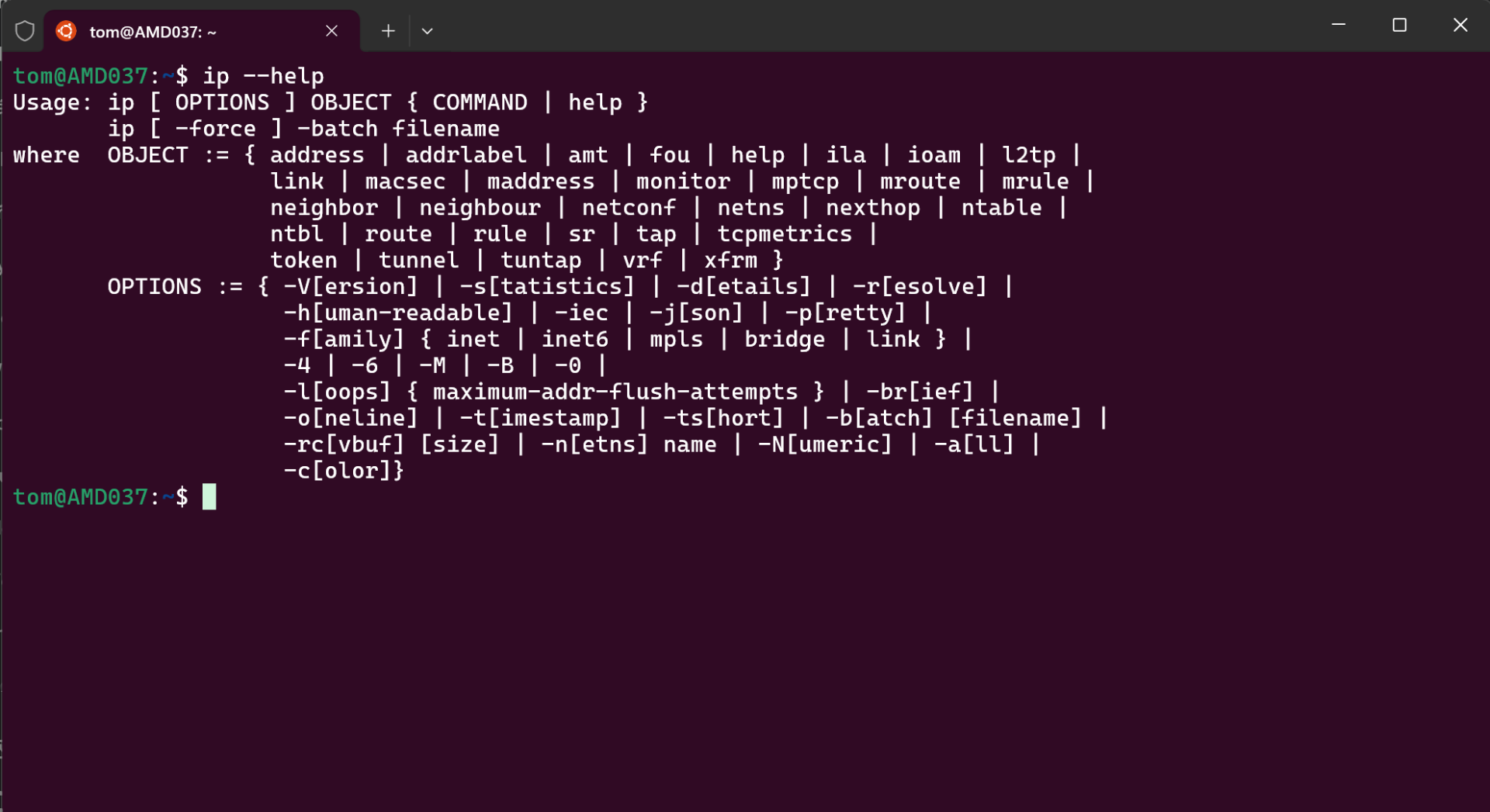 Výpis příkazu ip –help v Linuxu