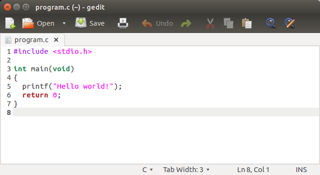 Gedit v Linuxu - Linux a programování v jazyce C