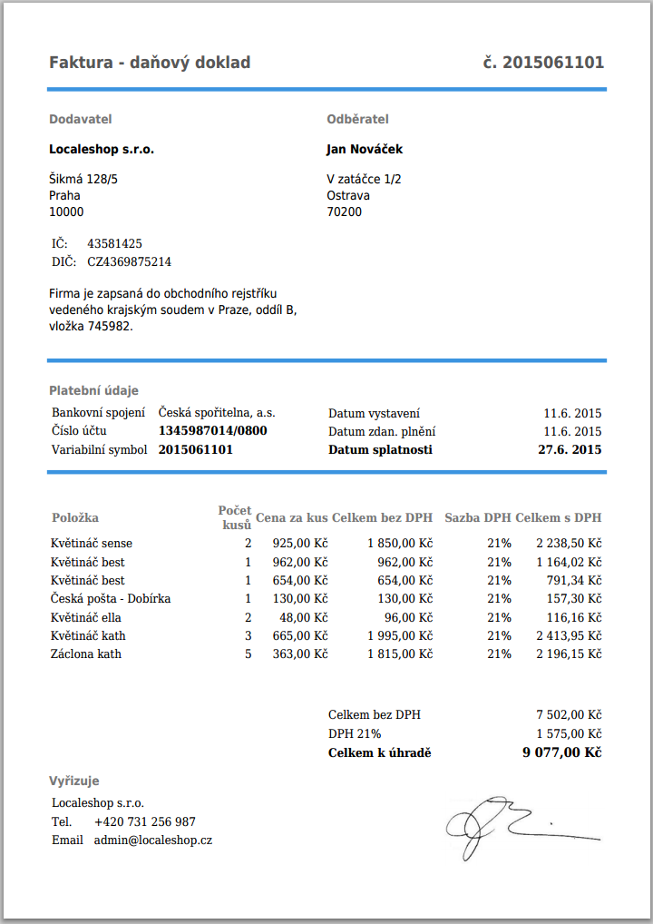 Faktura PDF vygenerovaná v ASP.NET MVC