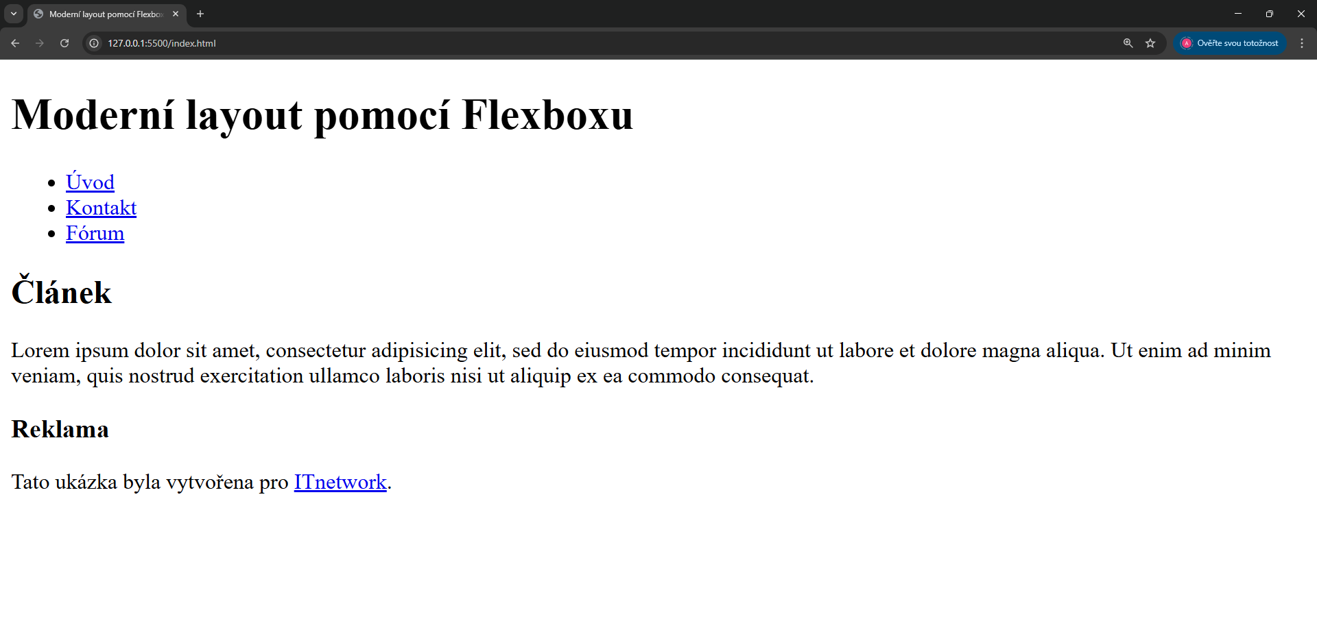 Tvoření flexbox layoutu – HTML dokument bez CSS - Responzivní webdesign