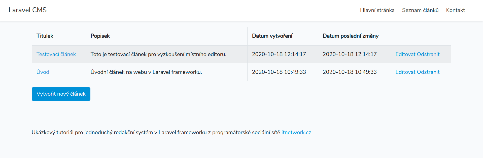 Seznam článků v administraci v Laravel redakčním systému - Laravel framework pro PHP