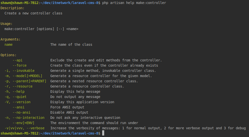 Zobrazení nápovědy k Artisan příkazu make:controller v Laravel frameworku - Laravel framework pro PHP