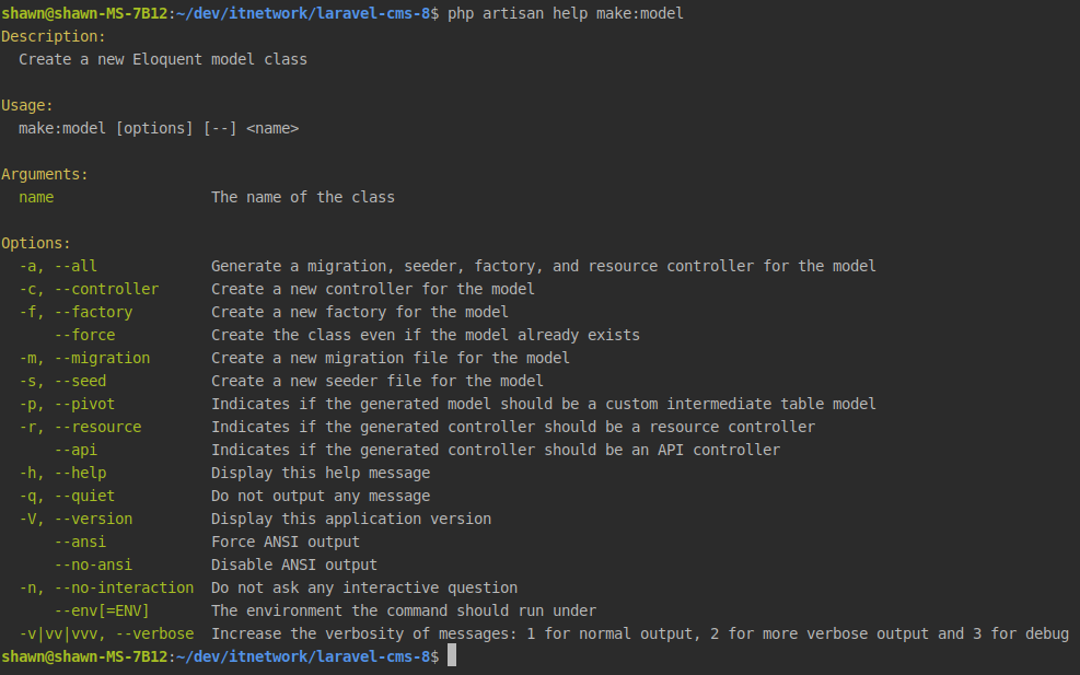 Výstup Artisan příkazu help pro tvorbu modelů v PHP frameworku Laravel - Laravel framework pro PHP
