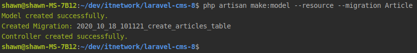 Výstup Artisan příkazu pro tvorbu modelů v PHP frameworku Laravel - Laravel framework pro PHP