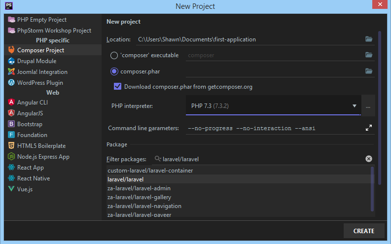Vytvoření projektu přes PhpStorm - Laravel framework pro PHP