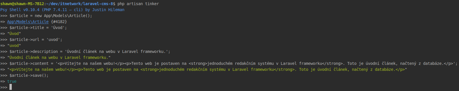 Použití PHP konzole v Laravel frameworku pro vytvoření článku - Laravel framework pro PHP