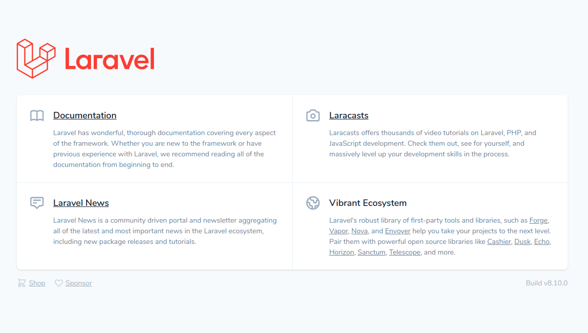 Úvodní stránka Laravel frameworku po instalaci - Laravel framework pro PHP
