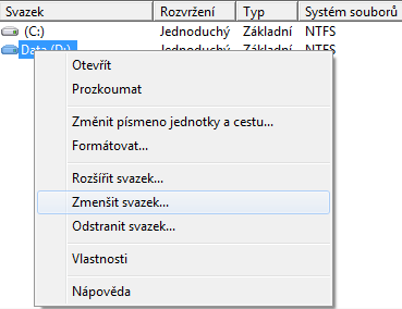 Zmenšení oddílu disku ve Windows - Windows